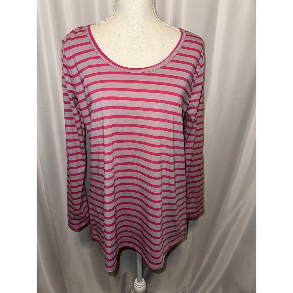 Lularoe Top Womens Size M Pullover long sleeve striped pink round neck hi-low